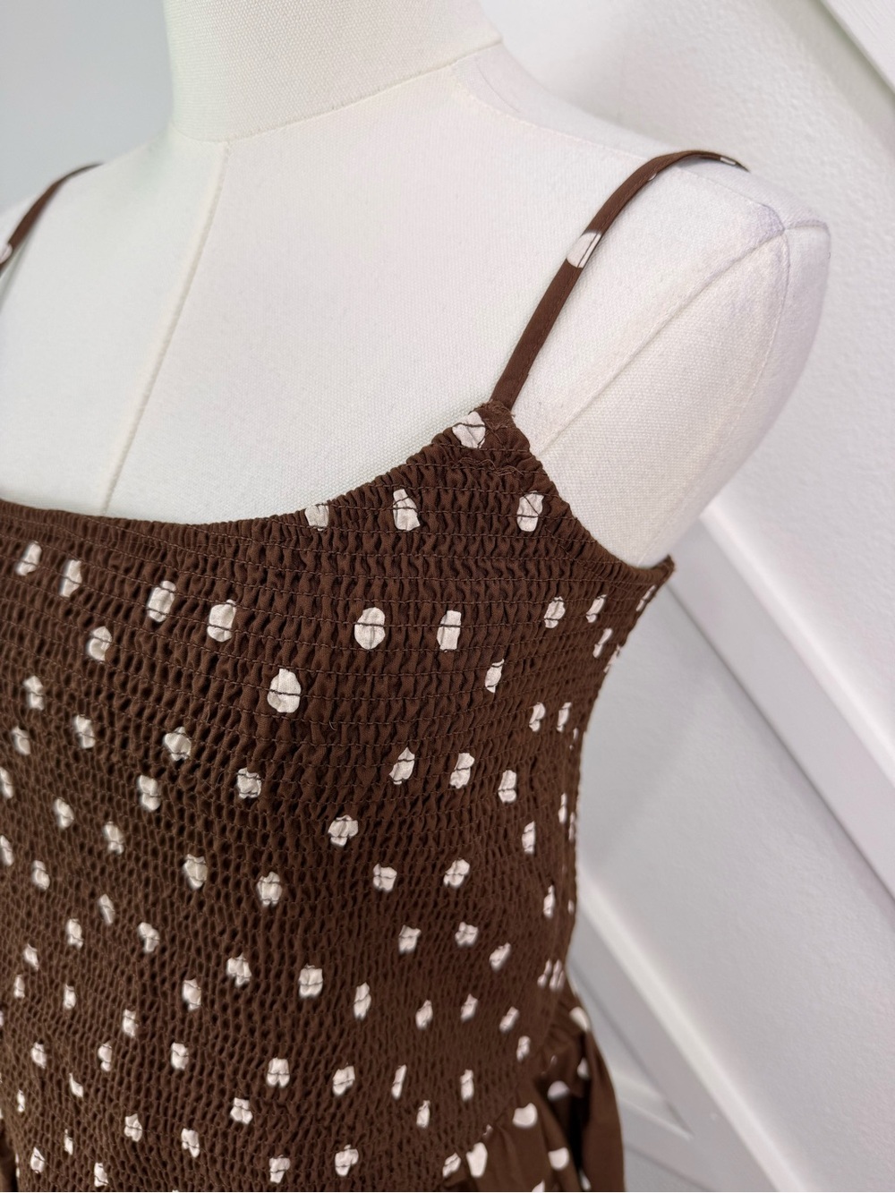 NWT Abercrombie & Fitch Smocked Dipped Waist Midi Dress Brown Polka Dot L Tall - Picture 4 of 12